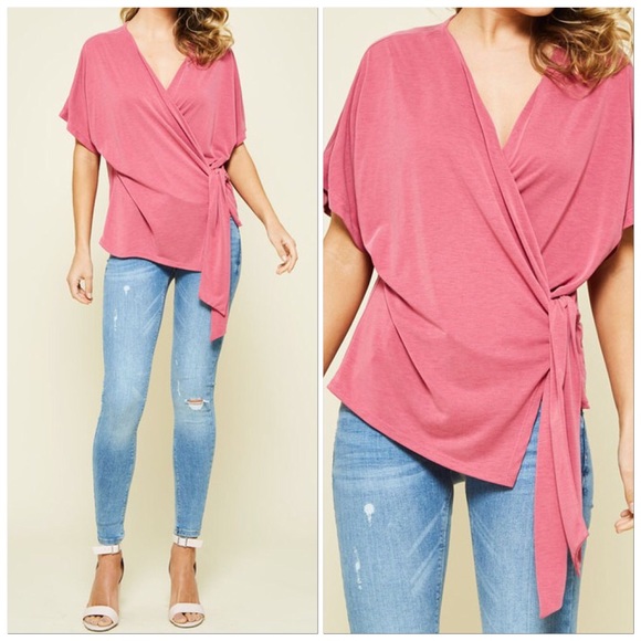 🆕Modal Cupro Knit Pink Raspberry Sorbet Short Flutter Sleeve Genuine Wrap Top - Picture 1 of 6